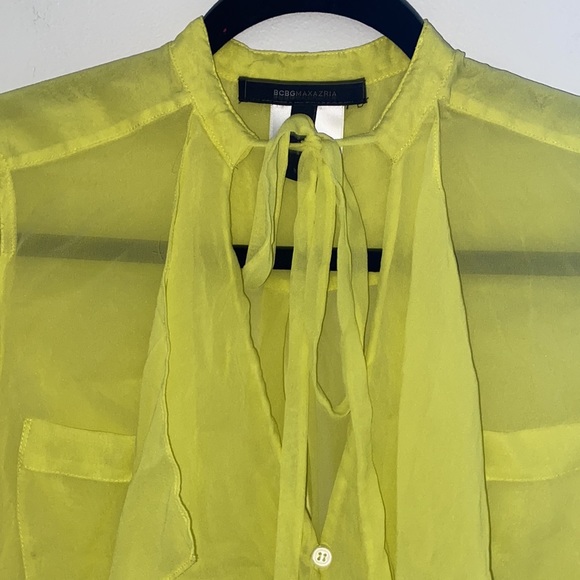 BCBG maxazria longline droptail neon yellow silk long sleeve sheer top, XS - Picture 4 of 7